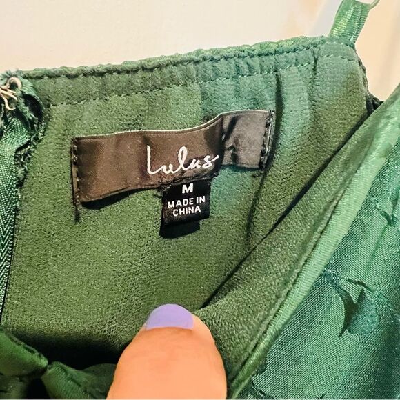 Lulus Women’s Chic Sensibility Dark Green Satin Jacquard Pleated Midi Dress Sz M - Picture 10 of 14